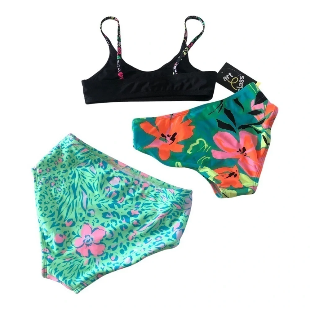 Bundle 3Pc Art Class Black Bralette Floral Bikinis Swimwear Set Size M8